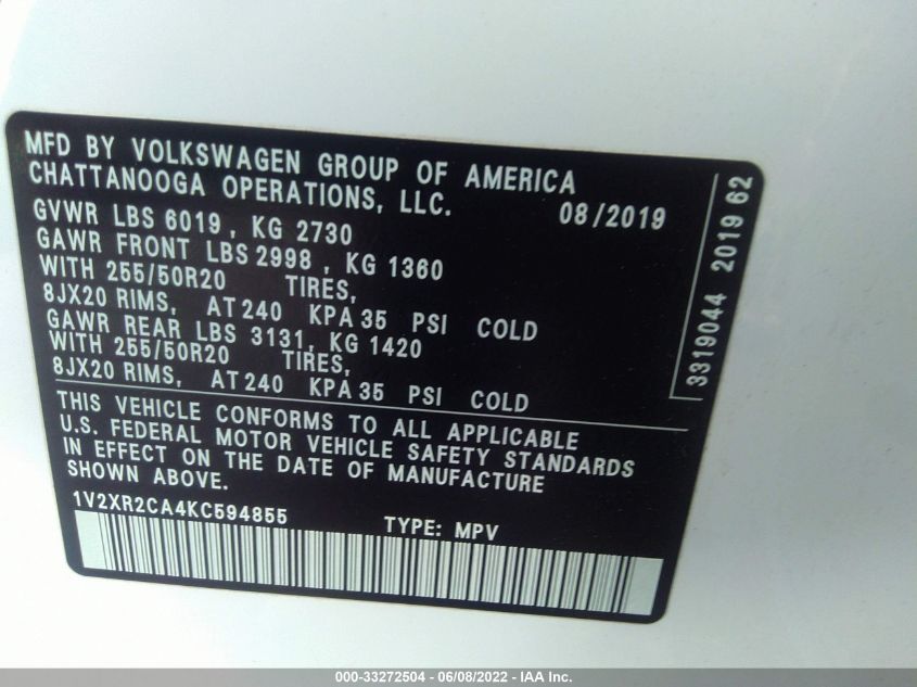 2019 VOLKSWAGEN ATLAS 3.6L V6 SE W 1V2XR2CA4KC594855
