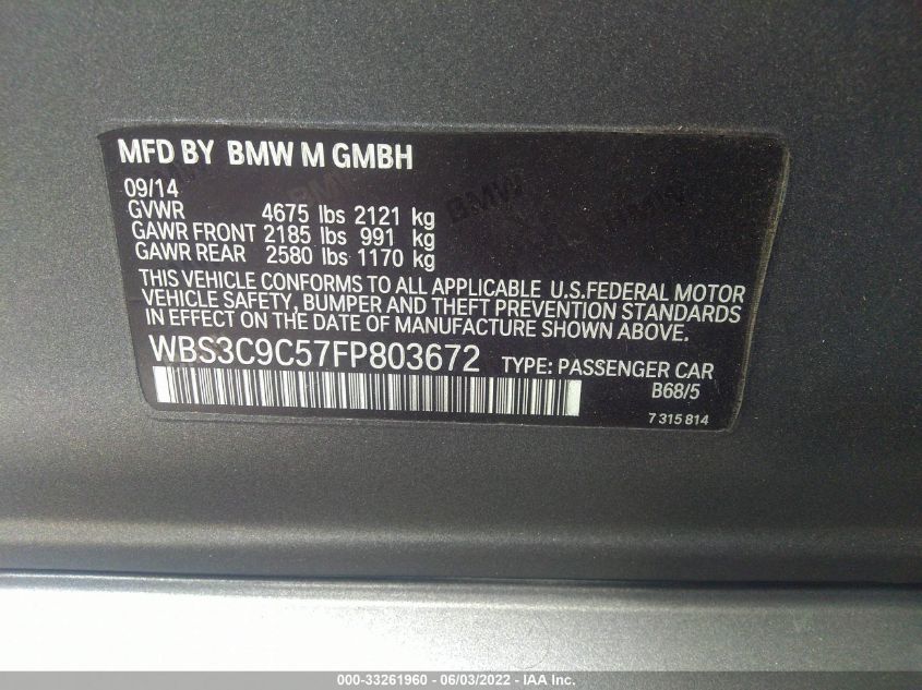 2015 BMW M3 WBS3C9C57FP803672