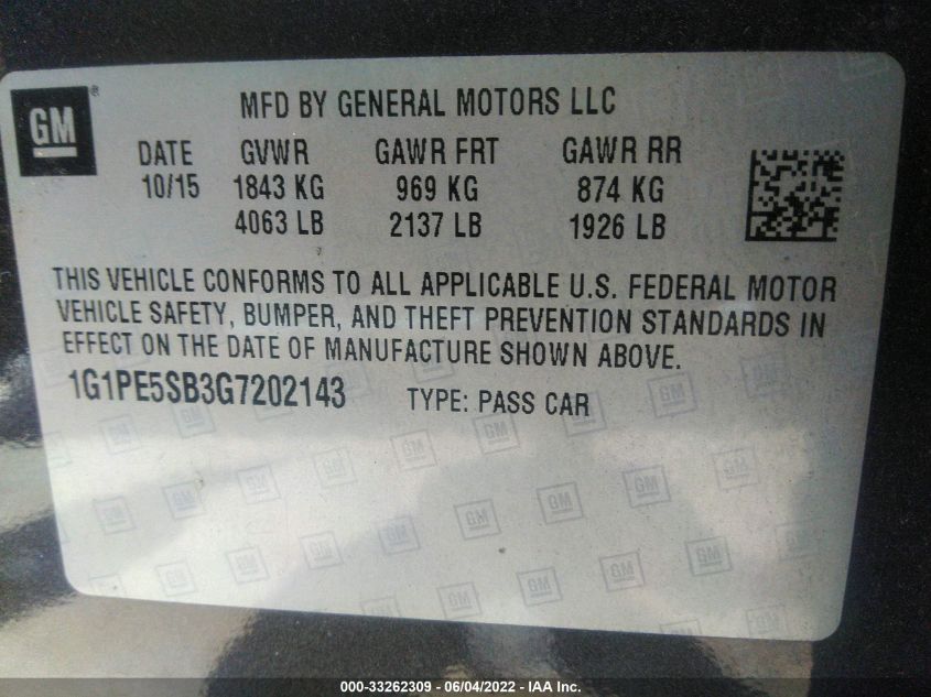 2016 CHEVROLET CRUZE LIMITED LT 1G1PE5SB3G7202143