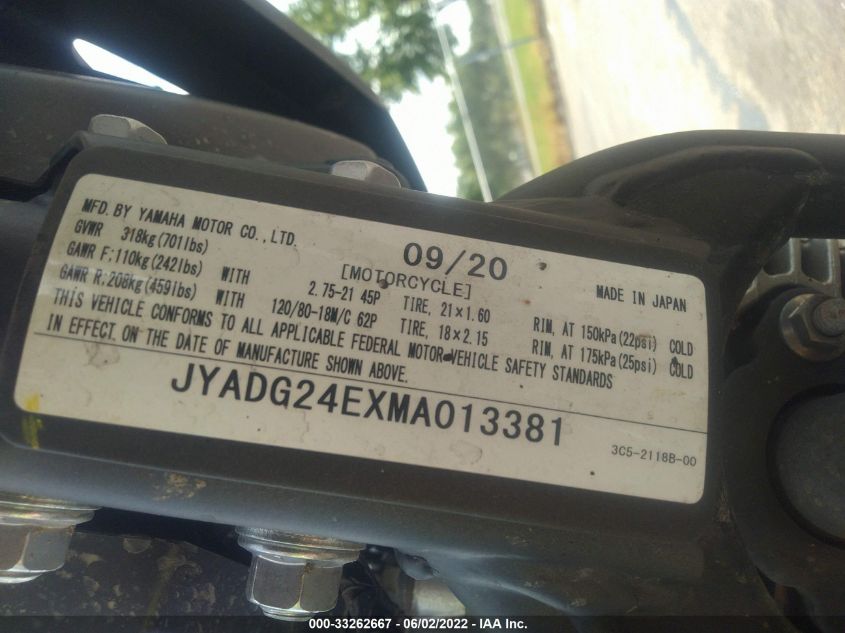 2021 YAMAHA XT250 JYADG24EXMA013381