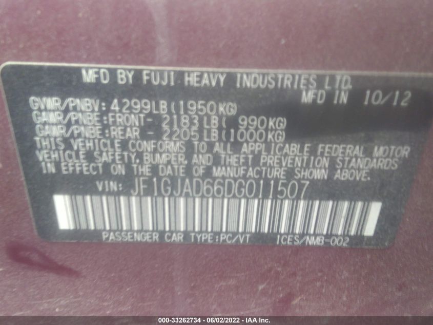 2013 SUBARU IMPREZA SEDAN PREMIUM JF1GJAD66DG011507