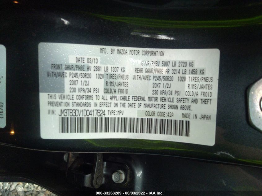 2013 MAZDA CX-9 GRAND TOURING JM3TB3DV1D0417624
