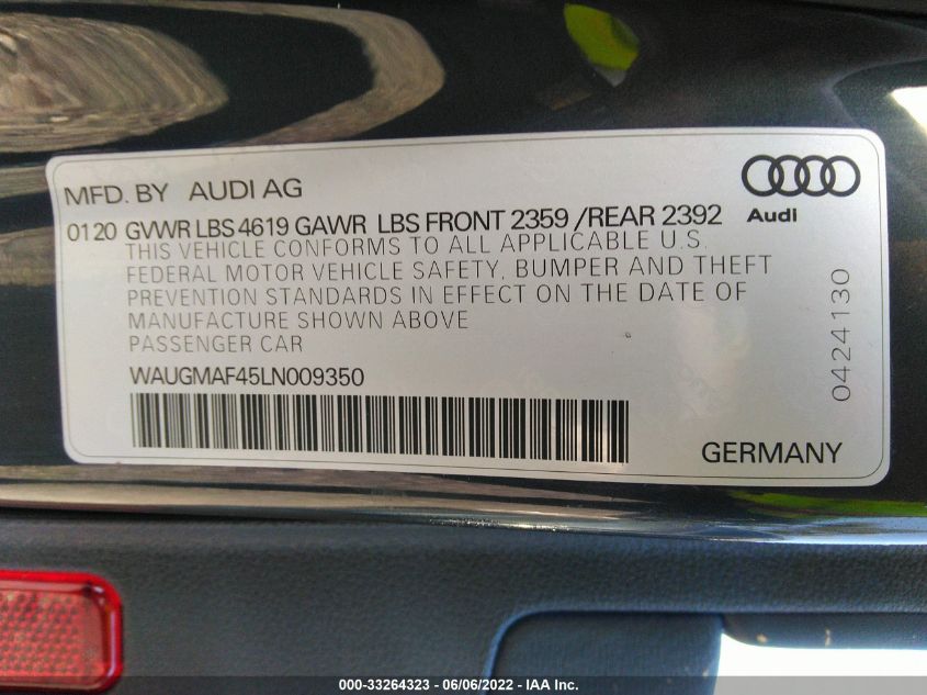 2020 AUDI A4 PREMIUM WAUGMAF45LN009350