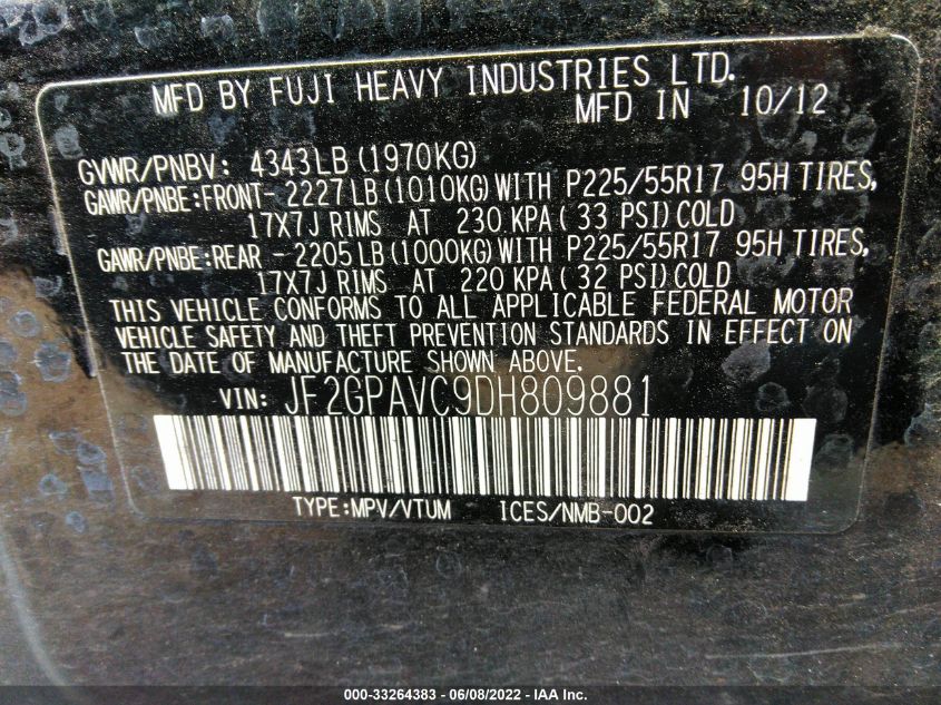 2013 SUBARU XV CROSSTREK PREMIUM JF2GPAVC9DH809881