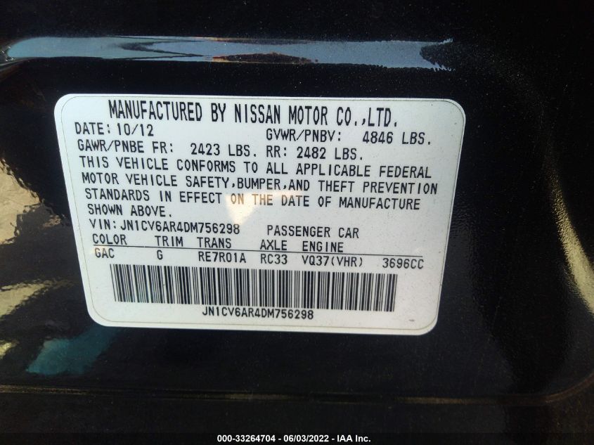 2013 INFINITI G37 SEDAN X JN1CV6AR4DM756298