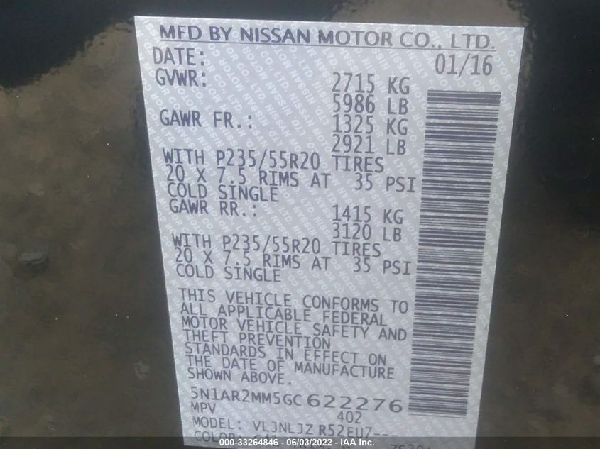2016 NISSAN PATHFINDER S/SV/SL/PLATINUM 5N1AR2MM5GC622276