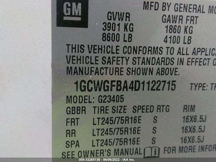 2013 CHEVROLET EXPRESS CARGO VAN 1GCWGFBA4D1122715