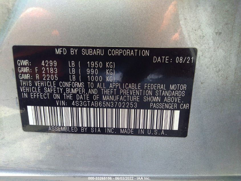2022 SUBARU IMPREZA 4S3GTAB65N3702253