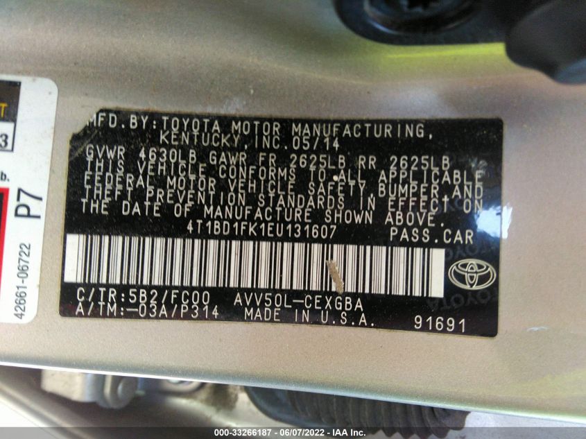 2014 TOYOTA CAMRY HYBRID LE/XLE/SE LIMITED EDITION 4T1BD1FK1EU131607