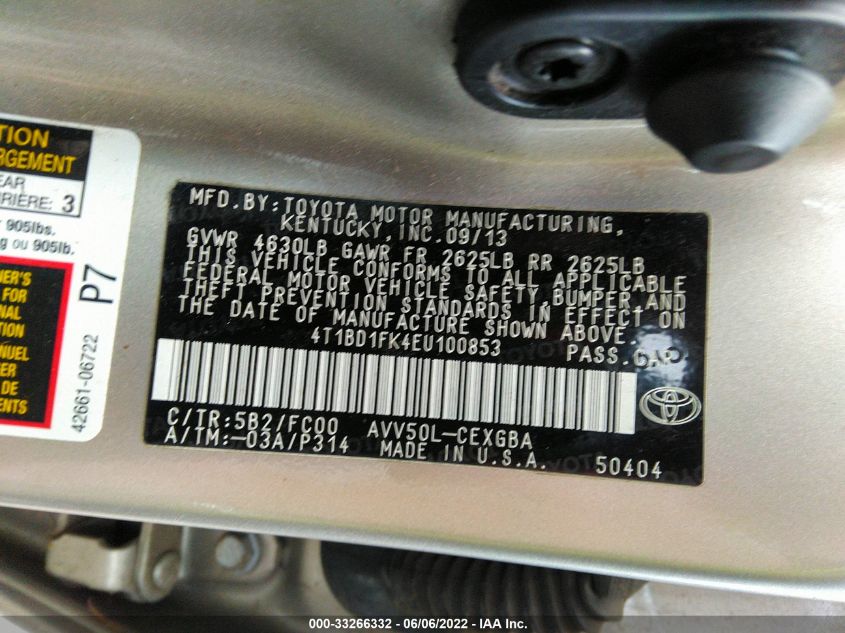 2014 TOYOTA CAMRY HYBRID LE/XLE/SE LIMITED EDITION 4T1BD1FK4EU100853