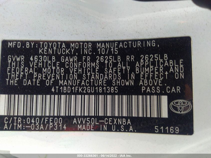 2016 TOYOTA CAMRY HYBRID HYBRID/LE/XLE/SE 4T1BD1FK2GU181385