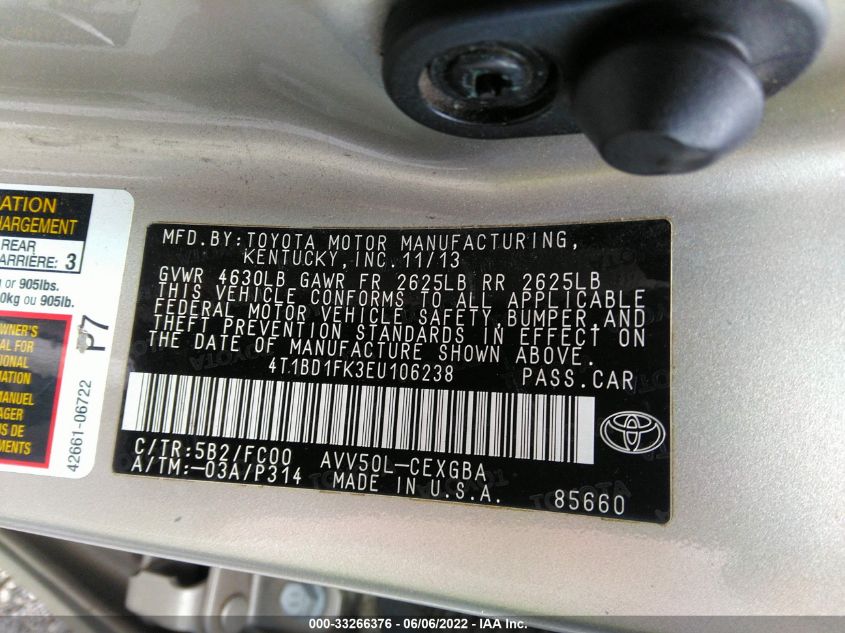 2014 TOYOTA CAMRY HYBRID LE/XLE/SE LIMITED EDITION 4T1BD1FK3EU106238