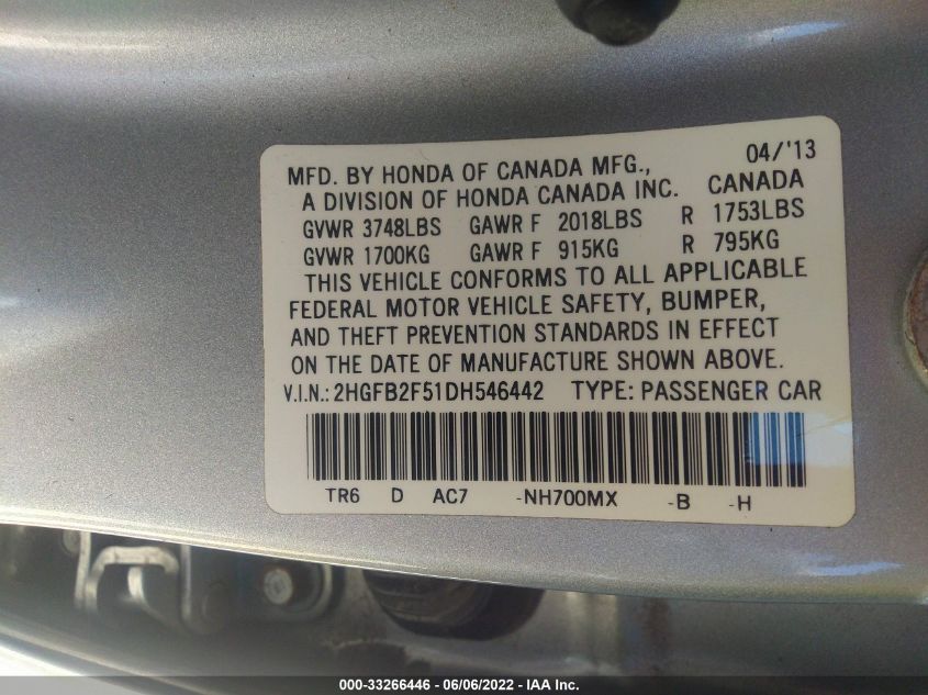 2013 HONDA CIVIC SDN LX 2HGFB2F51DH546442