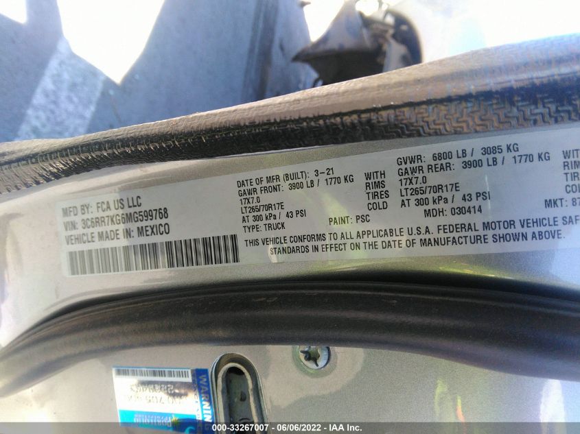 2021 RAM 1500 CLASSIC TRADESMAN 3C6RR7KG6MG599768