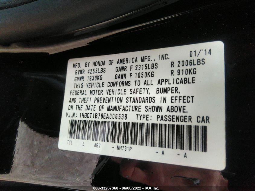 2014 HONDA ACCORD COUPE EX 1HGCT1B78EA006538