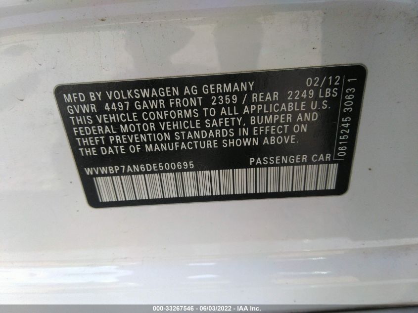 2013 VOLKSWAGEN CC SPORT PLUS WVWBP7AN6DE500695