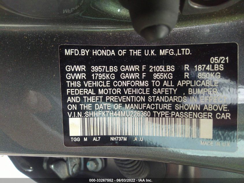 2021 HONDA CIVIC HATCHBACK SPORT SHHFK7H44MU226360