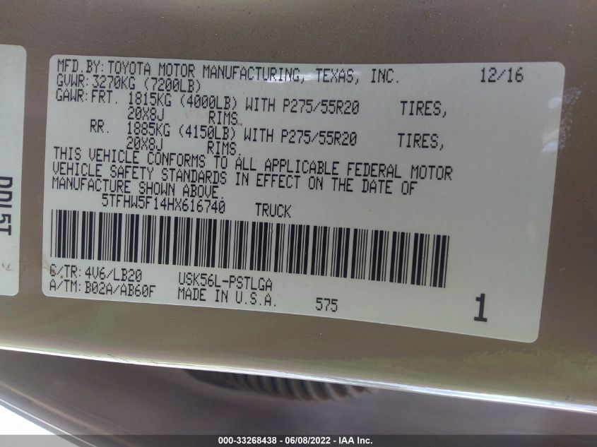 2017 TOYOTA TUNDRA 4WD LIMITED 5TFHW5F14HX616740