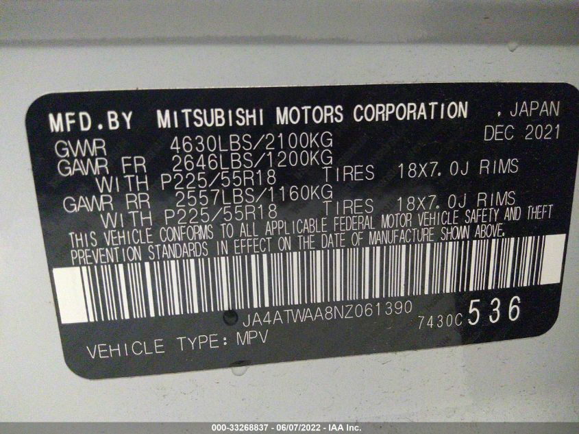 2022 MITSUBISHI ECLIPSE CROSS SE/SEL JA4ATWAA8NZ061390