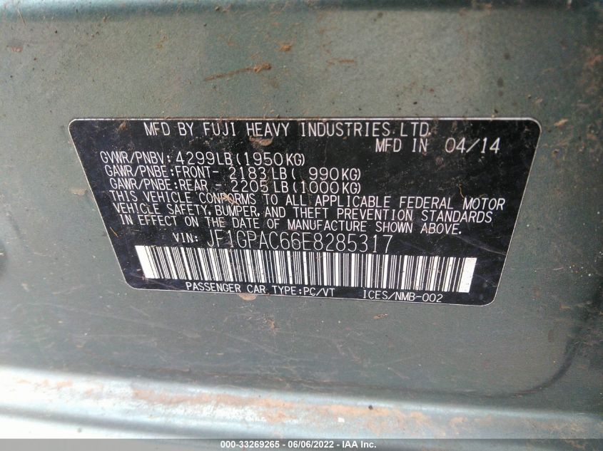 2014 SUBARU IMPREZA WAGON 2.0I PREMIUM JF1GPAC66E8285317