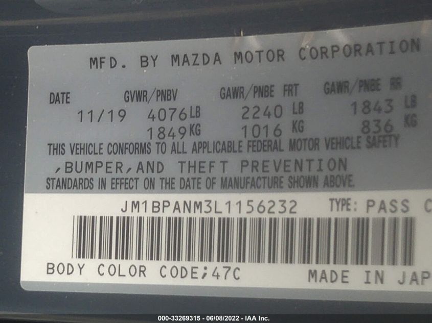 2020 MAZDA MAZDA3 HATCHBACK PREMIUM PACKAGE JM1BPANM3L1156232