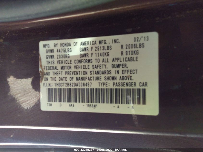 2013 HONDA ACCORD CPE EX-L 1HGCT2B82DA006497