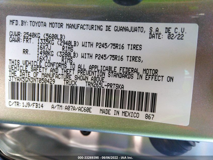2022 TOYOTA TACOMA 2WD SR/SR5 3TYAX5GN3NT050429
