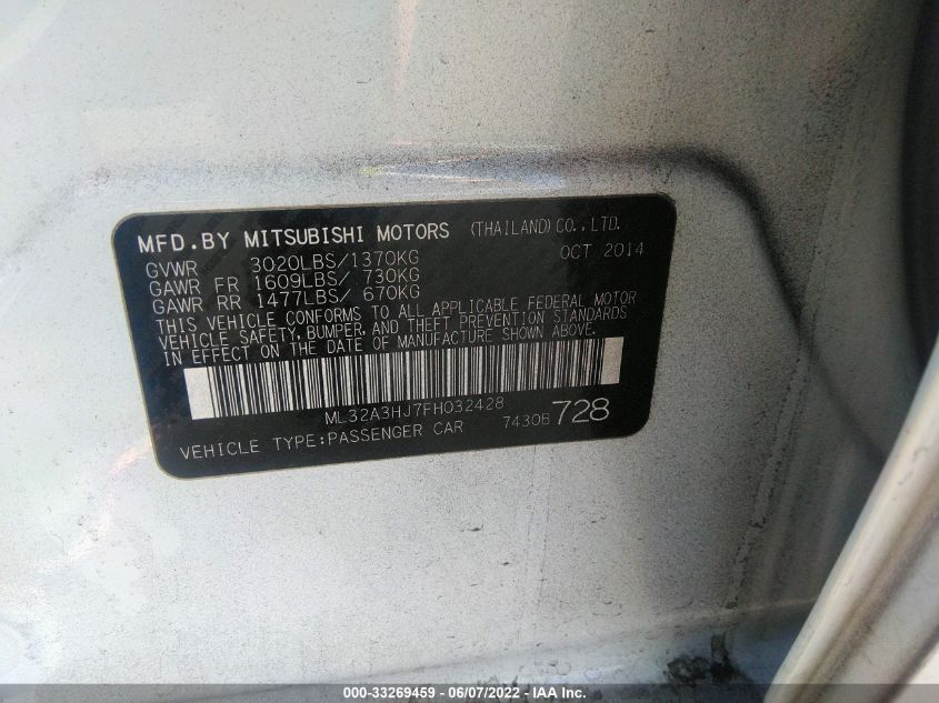 2015 MITSUBISHI MIRAGE DE/RF ML32A3HJ7FH032428