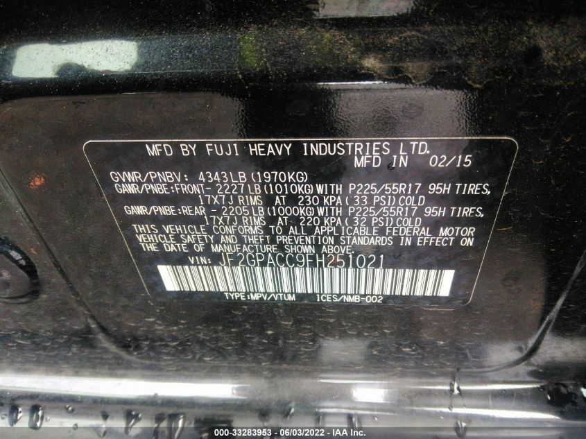 2015 SUBARU XV CROSSTREK PREMIUM JF2GPACC9FH251021