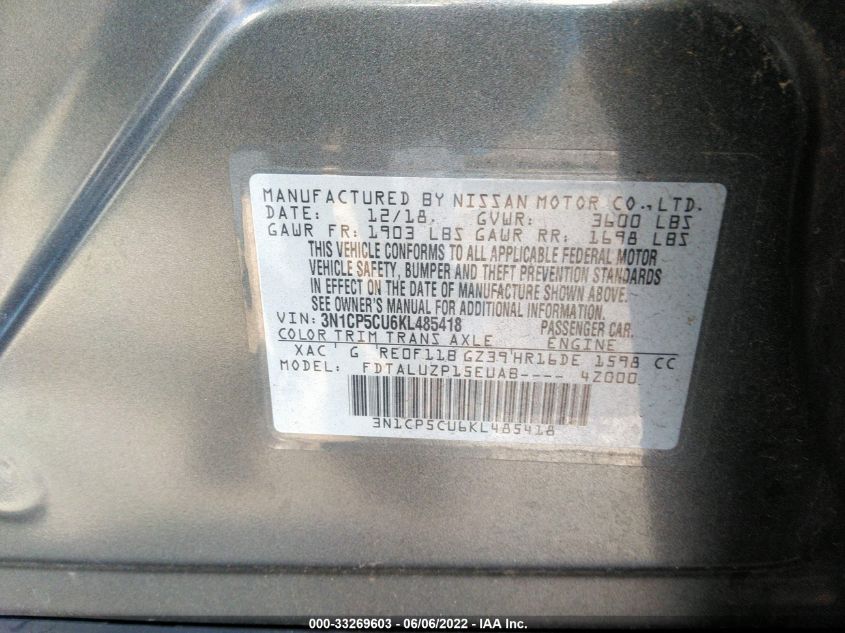 2019 NISSAN KICKS SR 3N1CP5CU6KL485418