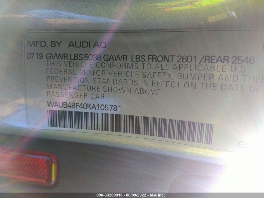 2019 AUDI S4 PREMIUM PLUS WAUB4BF40KA105781