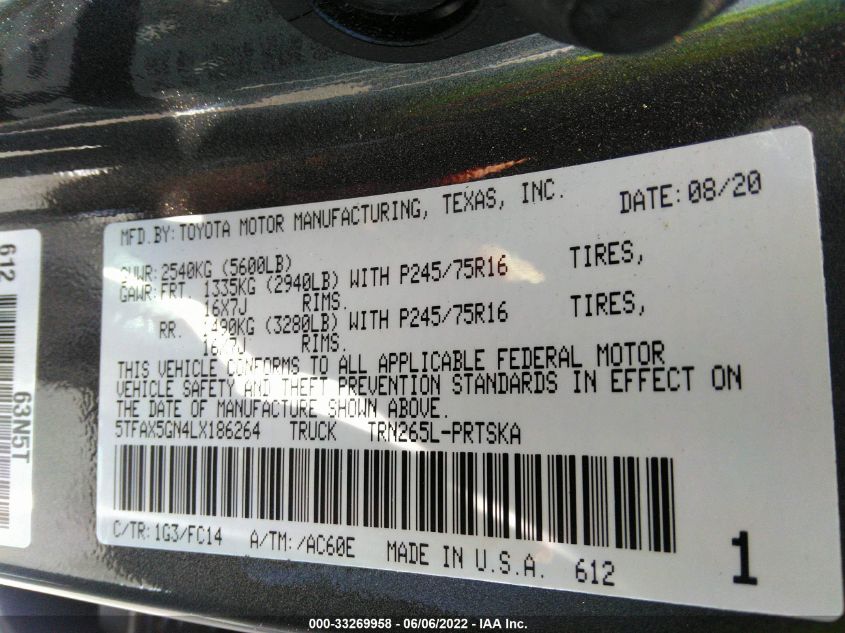 2020 TOYOTA TACOMA 2WD SR/SR5 5TFAX5GN4LX186264
