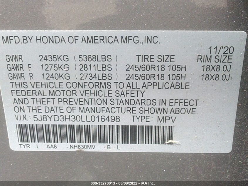 2020 ACURA MDX 5J8YD3H30LL016498
