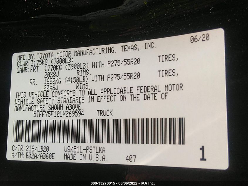 2020 TOYOTA TUNDRA 2WD LIMITED 5TFFY5F10LX269594