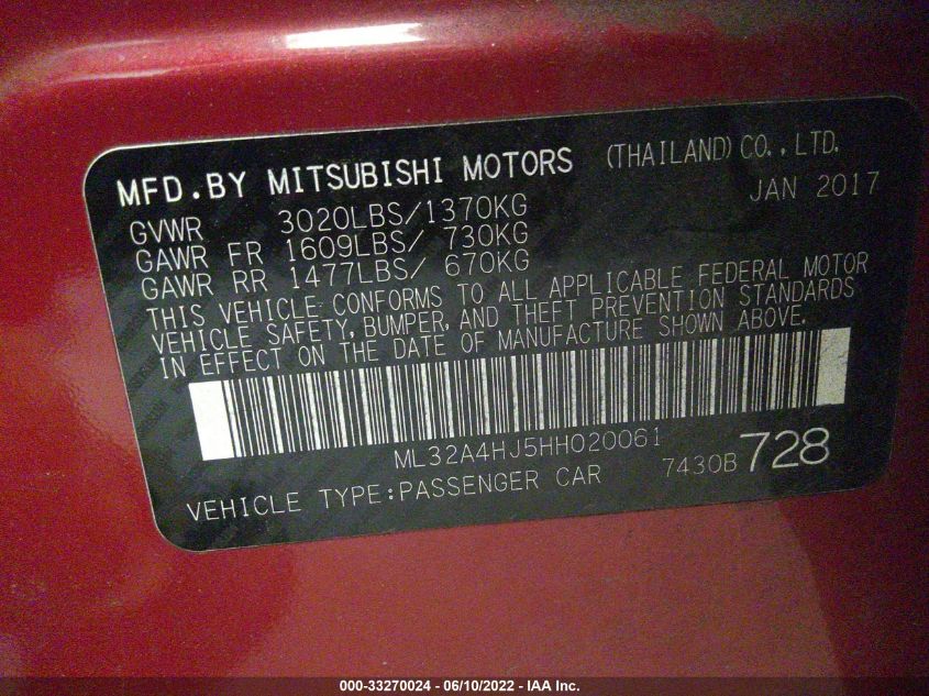 2017 MITSUBISHI MIRAGE SE ML32A4HJ5HH020061