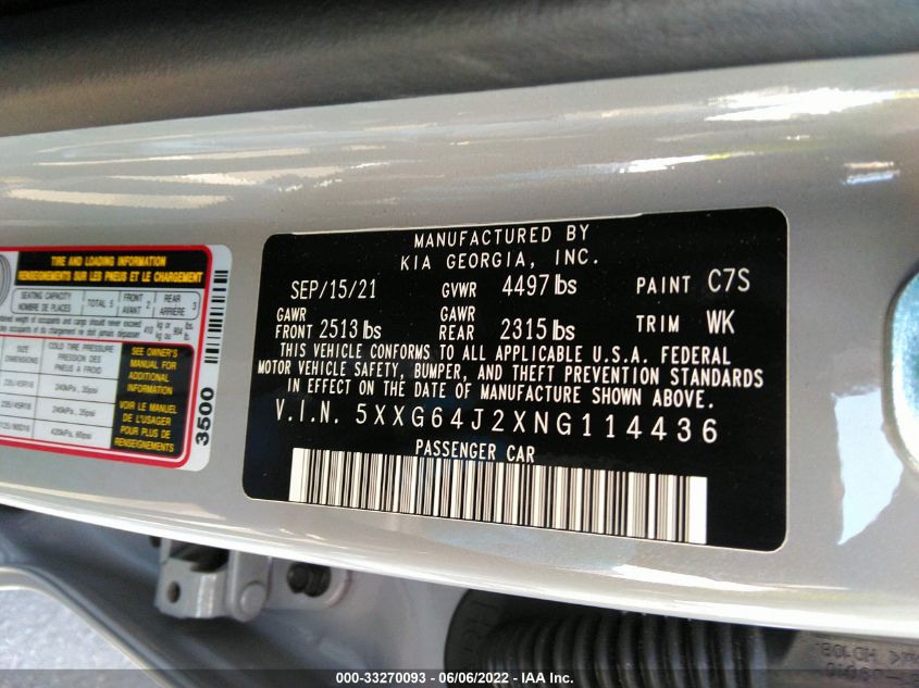 2022 KIA K5 GT-LINE 5XXG64J2XNG114436