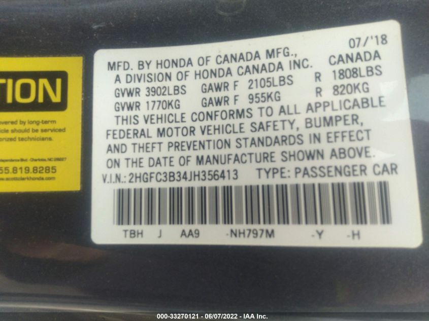 2018 HONDA CIVIC COUPE EX-T 2HGFC3B34JH356413