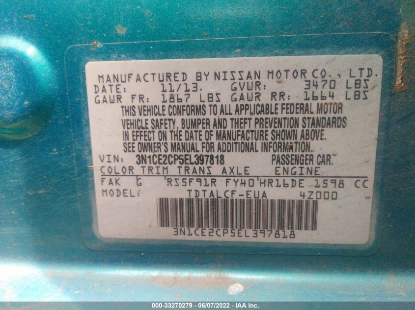 2014 NISSAN VERSA NOTE S/S PLUS/SV/SL 3N1CE2CP5EL397818