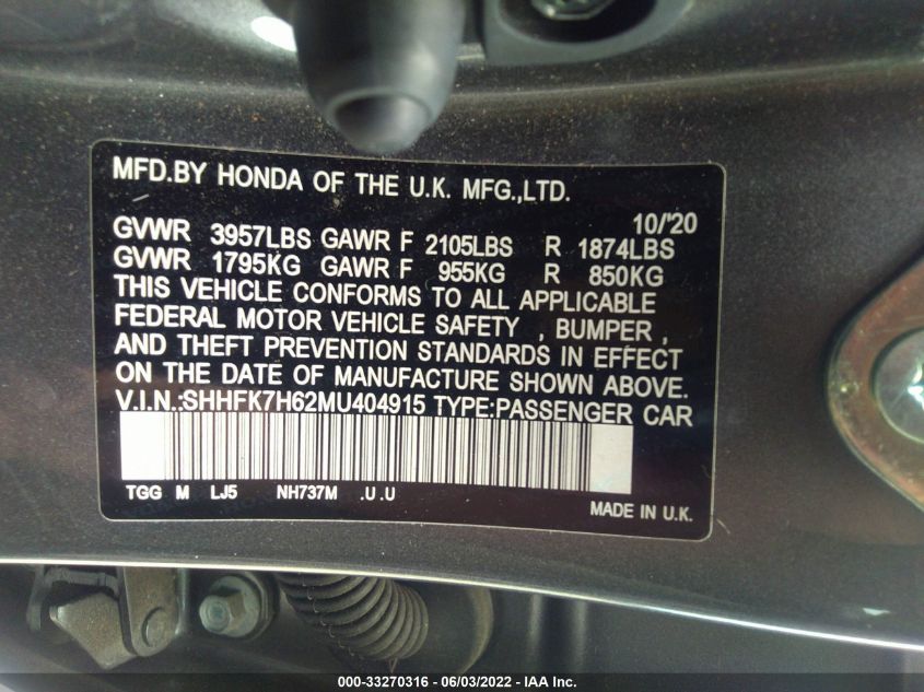 2021 HONDA CIVIC HATCHBACK EX SHHFK7H62MU404915