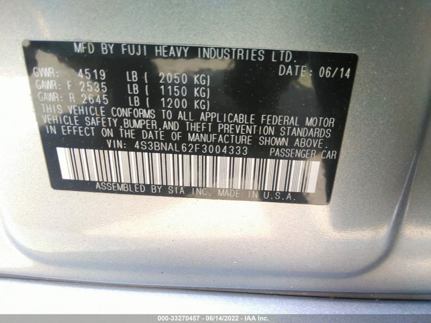 2015 SUBARU LEGACY 2.5I LIMITED 4S3BNAL62F3004333