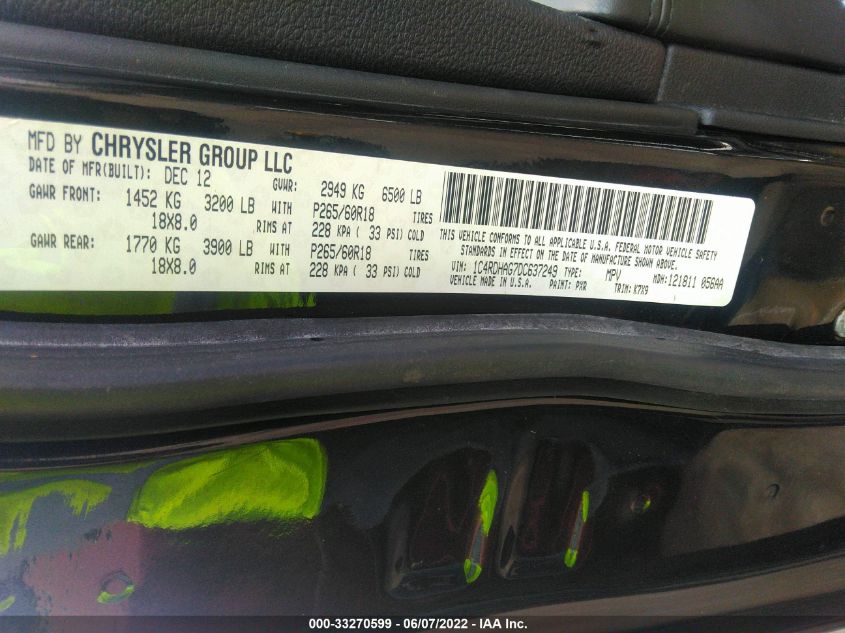 2013 DODGE DURANGO SXT 1C4RDHAG7DC637249