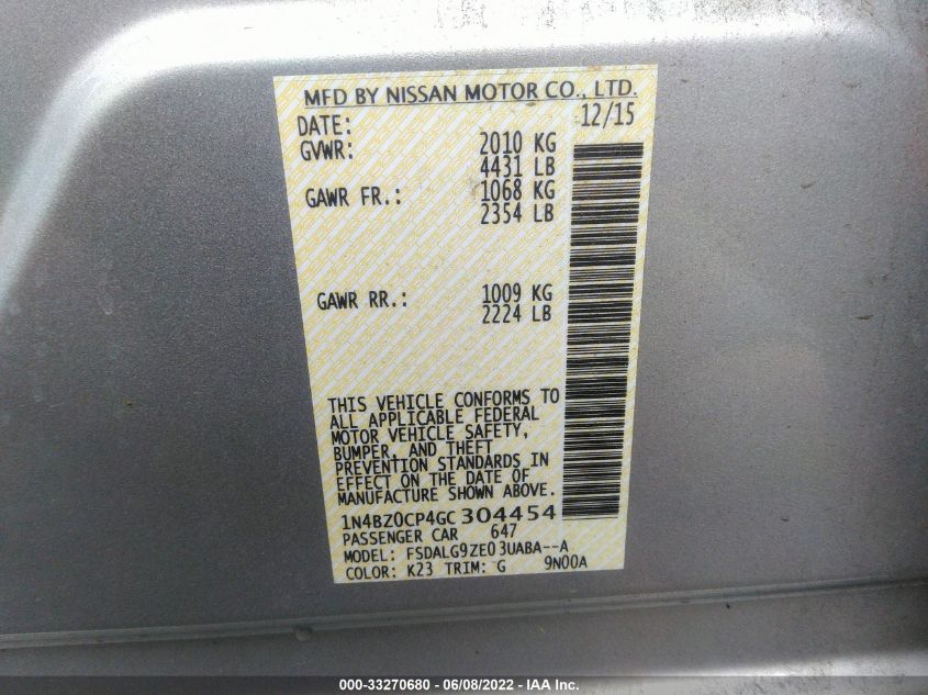 2016 NISSAN LEAF SV/SL 1N4BZ0CP4GC304454
