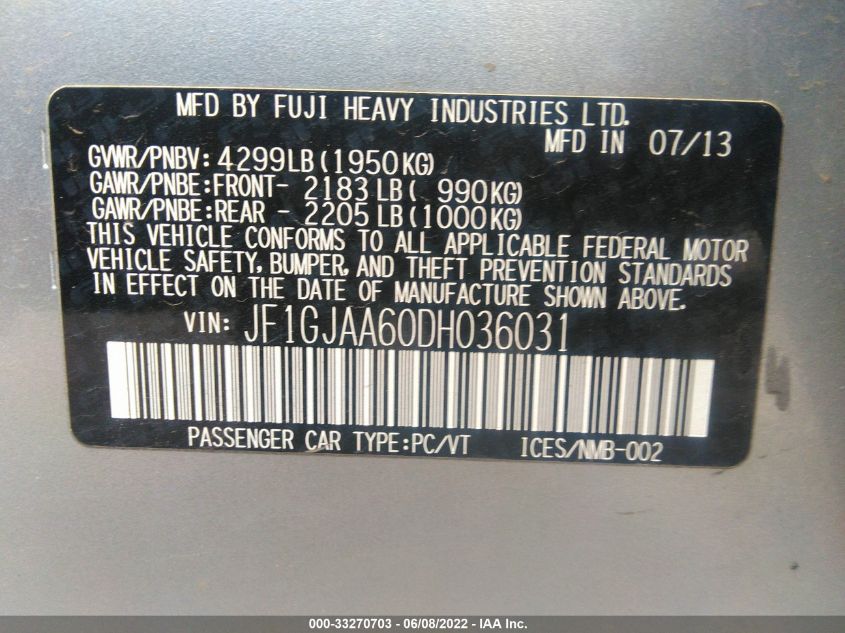2013 SUBARU IMPREZA SEDAN JF1GJAA60DH036031