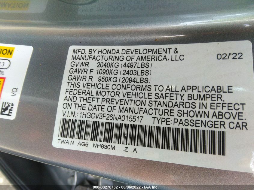 2022 HONDA ACCORD HYBRID SPORT 1HGCV3F26NA015517