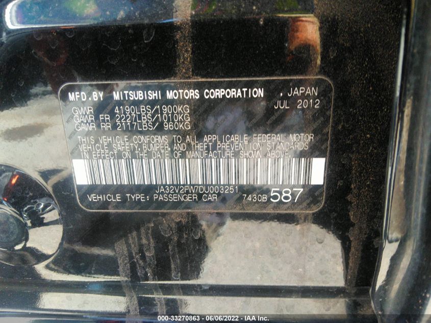 2013 MITSUBISHI LANCER SE JA32V2FW7DU003251