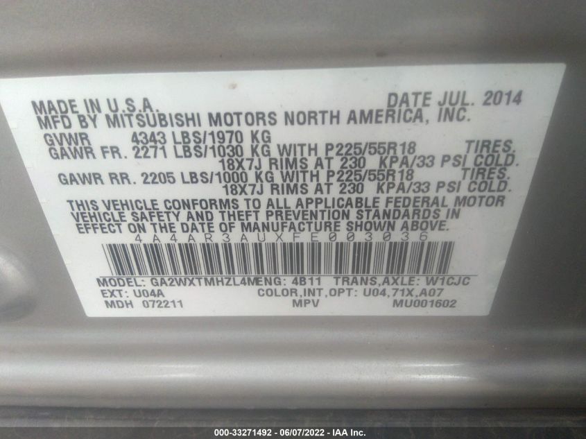 2015 MITSUBISHI OUTLANDER SPORT ES 4A4AR3AUXFE003036