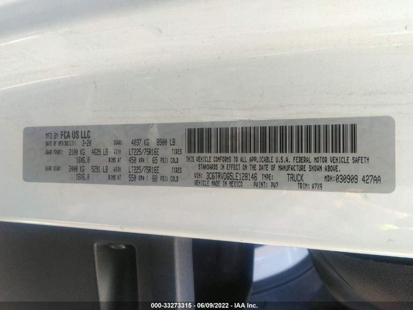 2020 RAM PROMASTER CARGO VAN 3C6TRVDG5LE128146