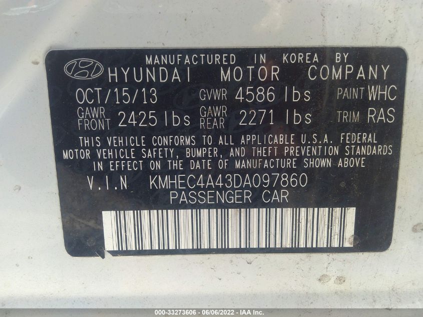2013 HYUNDAI SONATA HYBRID LIMITED KMHEC4A43DA097860