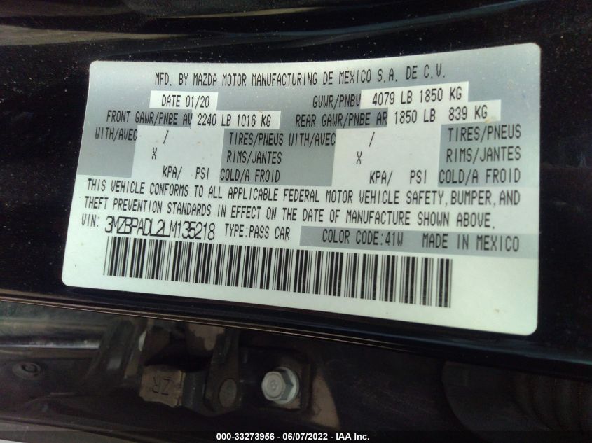 2020 MAZDA MAZDA3 SEDAN PREFERRED PACKAGE 3MZBPADL2LM135218