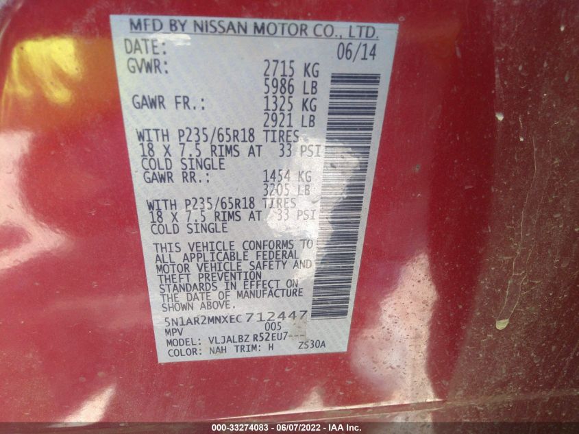 2014 NISSAN PATHFINDER S 5N1AR2MNXEC712447